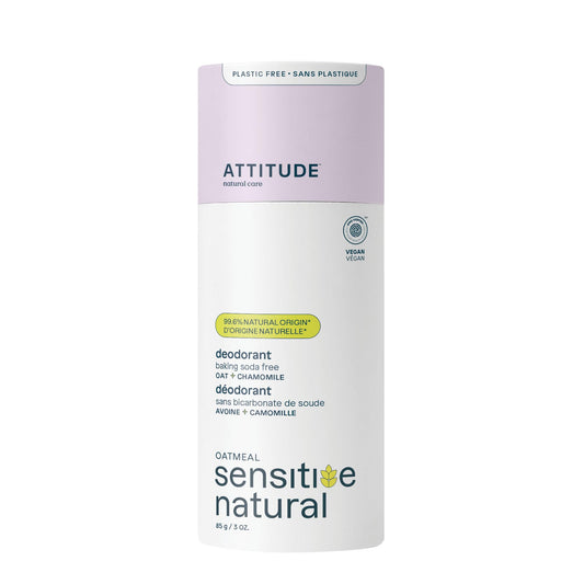 ATTITUDE Baking Soda Free Deodorant for Sensitive Skin with Oatmeal and Chamomile, Made in Canada, EWG Verified, Aluminum Free, Plastic-Free, 85 grams