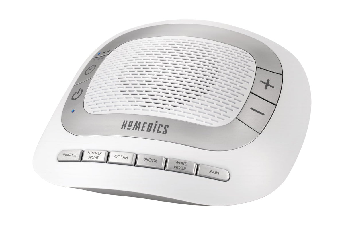 HoMedics SS-2025 White Noise Sound Machine | Portable Sleep Therapy for Home, Office, Baby & Travel | 6 Relaxing & Soothing Nature Sounds, Battery or Adapter Charging Options, Auto-Off Timer, Silver