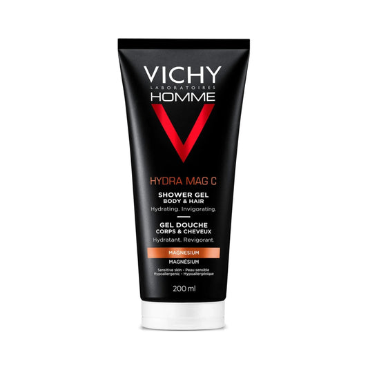 Vichy Homme HAIR & BODY CLEANSER for Men, Hydra Mag C Shower Gel for Dry, Combination and Sensitive Skin, with Vitamin C. Everyday Use & leaves skin feeling hydrated, 200 ml