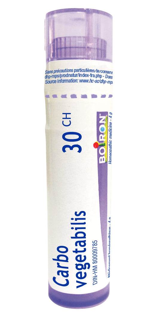 Boiron Carbo vegetabilis 30ch,Homeopathic medicine. Each tube contains 4 g (approximately 80 pellets)