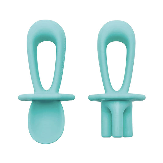 Tiny Twinkle Silicone Training Utensils -Baby Spoons and Baby Forks For Self-Feeding Training-Silicone Baby Led Weaning Utensils For Toddlers And Babies 6-24 (Mint) Months- Baby Feeding Supplies(Mint)