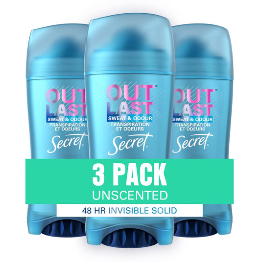 Secret Outlast Invisible Solid Antiperspirant Deodorant for Women, Unscented, Pack of 3, 73 grams each, 219 grams Total