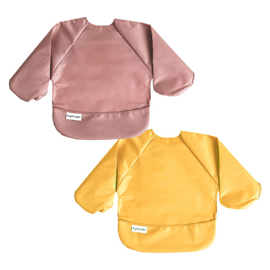 Tiny Twinkle Mess Proof Baby Bib, 2 Pack Long Sleeve Bib Outfit, Waterproof Bibs for Toddlers, Machine Washable, Tug Proof Taupe + Dandelion 6-24M