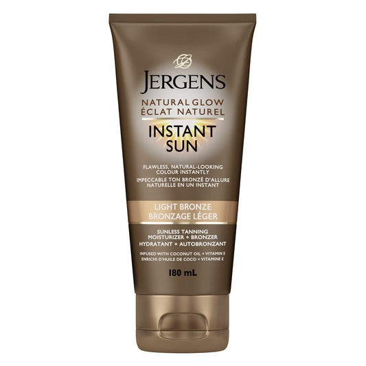 Jergens Natural Glow Instant Sun Sunless Tanning Moisturizer + Bronzer, Light Bronze (180 mL)