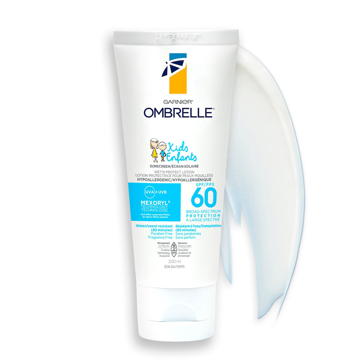 Garnier Ombrelle Kids Sunscreen Lotion SPF 60, Formulated for Sensitive Skin, Body Sunscreen, Fragrance-Free, Very High Broad-Spectrum UVA/UVB Protection, Water Resistant, 200ml