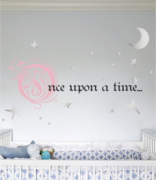 Once Upon a Time Story Book Quote Vinyl Wall Decal Removeable Baby Girl Nursery Fairy Tale Design Sticker (Pink, Silver, Black, 9x22 inches)