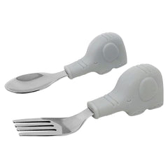 Tiny Twinkle Easy Grip Toddler Utensils Spoon and Fork Set - BPA & Phthalate Free Utensil Sets, Kids Silverware with Silicone Handle, Baby Led Weaning Supplies for 12 Months & Up, Grey Elephant