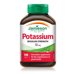 Jamieson Potassium 50 mg, Supports Muscle and Nerve Function, Electrolyte Support, and Helps Prevent Potassium Deficiency. Vegetarian, Non-GMO, Gluten-Free, 100 Tablets, Proudly Canadian