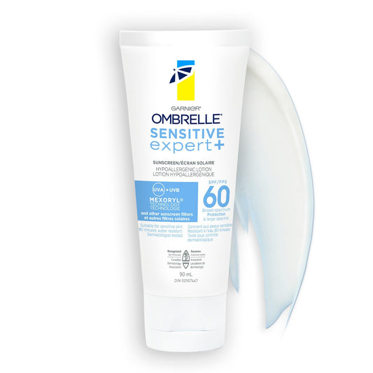 Garnier Ombrelle Sensitive Expert+ Sunscreen Body Lotion SPF 60, Dermatologist Tested, For Sensitive Skin, Hypoallergenic, Non-Greasy, Fragrance-Free, High Broad-Spectrum UVA/UVB Protection, 90ml