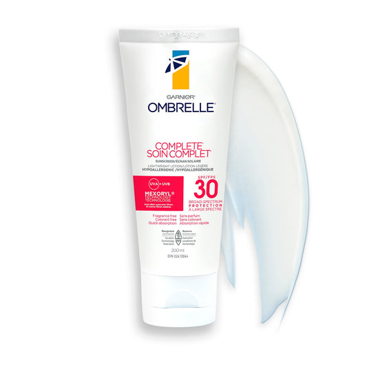 Garnier Ombrelle Complete Sunscreen Lotion SPF 30, For Body and Face, High Protection Broad Spectrum Advanced UVA/UVB Defense, Non-Greasy, Water Resistant, Quick Absorption, Hypoallergenic, Non-Comedogenic, Cruelty-Free, 200ml