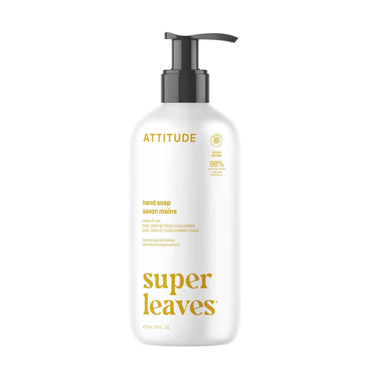 ATTITUDE Liquid Hand Soap, Made in Canada, EWG Verified, Plant and Mineral-Based, Vegan Personal Care Products, Earl Grey & Fresh Cucumber Scent, 473 mL