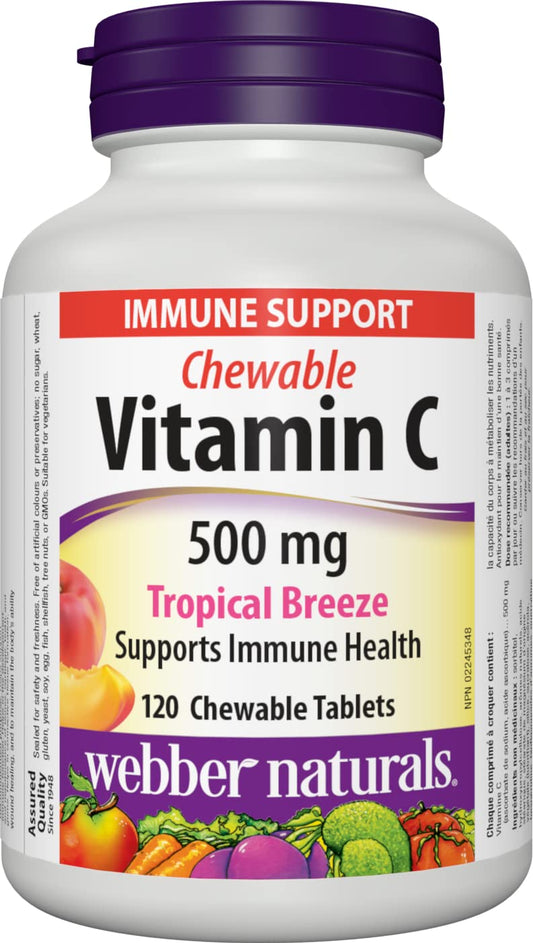 Webber Naturals Vitamin C Chewable 500 mg, 120 Tropical Breeze Flavour Tablets, For Bones, Teeth, Immune and Antioxidant Health