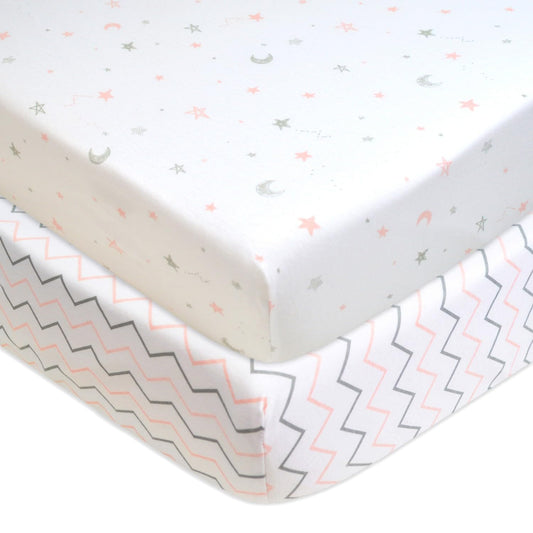 American Baby Company 2 Pack Printed 100% Cotton Jersey Knit Fitted Crib Sheet for Standard Crib and Toddler Mattresses, Pink Stars/Zigzag, for Girls