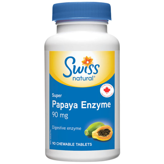 Swiss Natural – Super Papaya Enzyme, 90mg | Strength Formula | Aids Digestion | Great For Traveling & Eating Out | No Artificial Flavours or Preservatives | Non-GMO | 90 Chewable Tablets