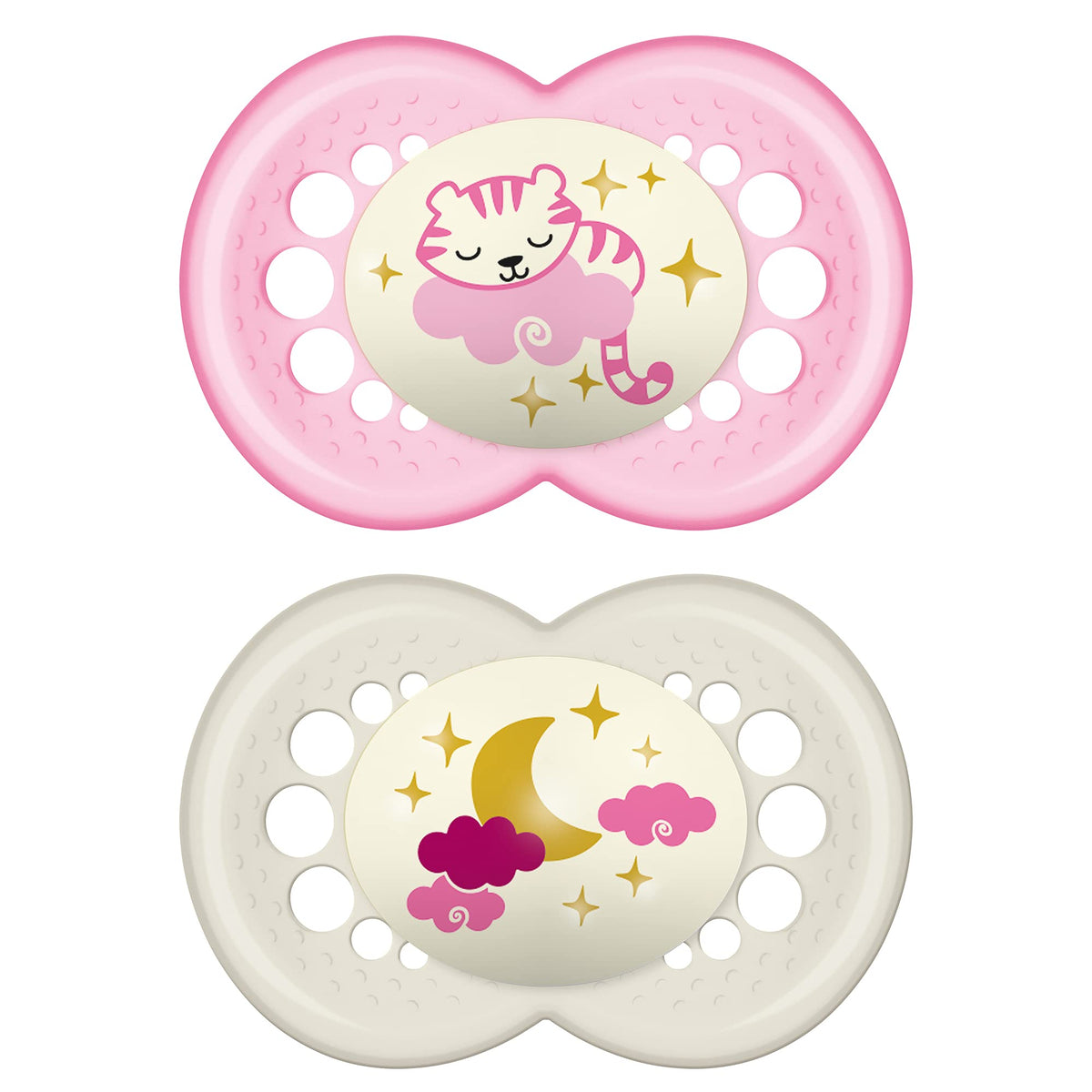 MAM Night Pacifiers (2 Pack, 1 Sterilizing Pacifier Case), MAM Pacifiers 6+ Months, Best Pacifier for Breastfed Babies, Glow in the Dark Pacifier, Baby Girl Pacifiers