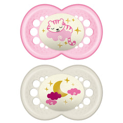 MAM Night Pacifiers (2 Pack, 1 Sterilizing Pacifier Case), MAM Pacifiers 6+ Months, Best Pacifier for Breastfed Babies, Glow in the Dark Pacifier, Baby Girl Pacifiers