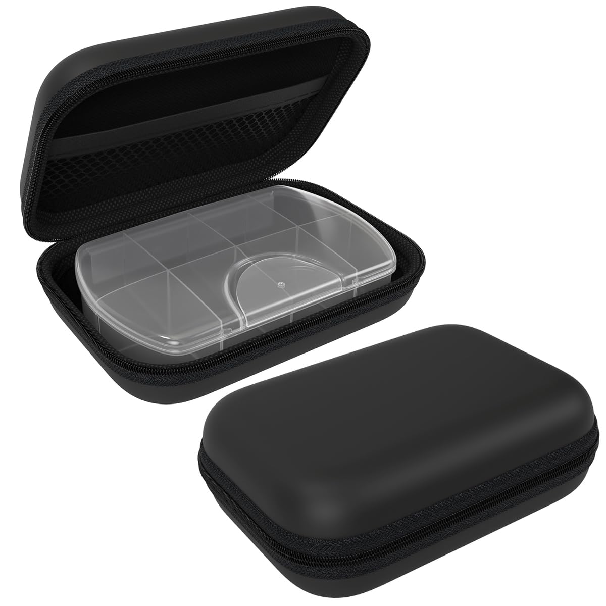 EZY DOSE Hard Sided Pill Case, Features Zippered Pouch, Easy to Use Design, Perfect for Travel and Daily Usage, 8-Comparments, BPA Free, Black