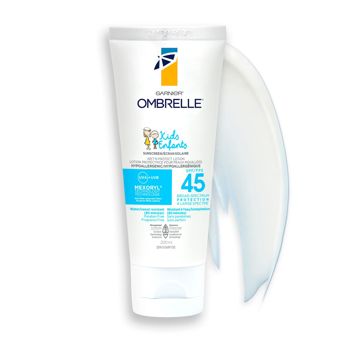 Garnier Ombrelle Kids Sunscreen Lotion SPF 45, Formulated for Sensitive Skin, Non-Comedogenic, Hypoallergenic, Fragrance-Free, High Broad-Spectrum UVA/UVB Protection, Water Resistant, 200ml