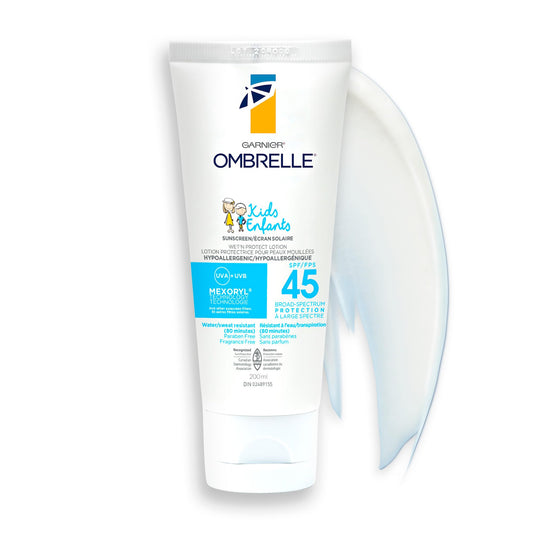 Garnier Ombrelle Kids Sunscreen Lotion SPF 45, Formulated for Sensitive Skin, Non-Comedogenic, Hypoallergenic, Fragrance-Free, High Broad-Spectrum UVA/UVB Protection, Water Resistant, 200ml