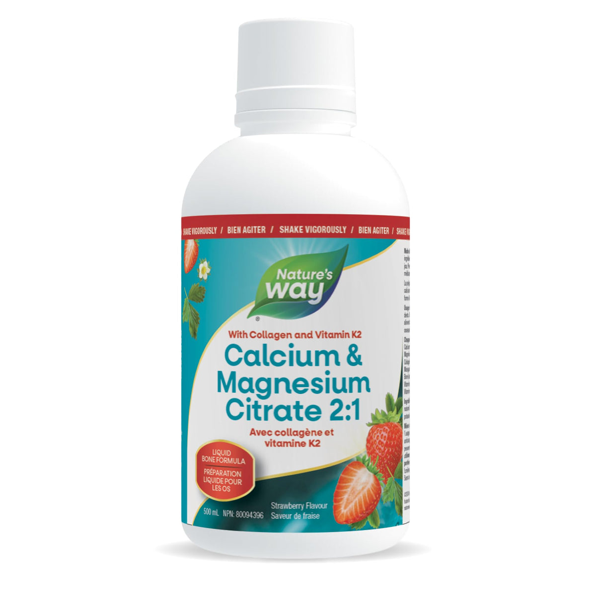 Nature's Way Calcium and Magnesium Citrate Supplement, 2:1 Ratio – Helps Support Bone & Teeth Health – Contains Vitamins D3 and K2, and Collagen to Support Immune System – Strawberry Flavour, 500 ml