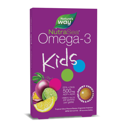 Nature's Way NutraSea Omega 3 Kids Gummy Chews Supplement with Fish Oil – Tropical Citrus Flavour – Brain, Bone & Immune Support for Kids Ages 3+ – 500mg EPA & DHA + 500IU Vitamin D3, 30 Gummies
