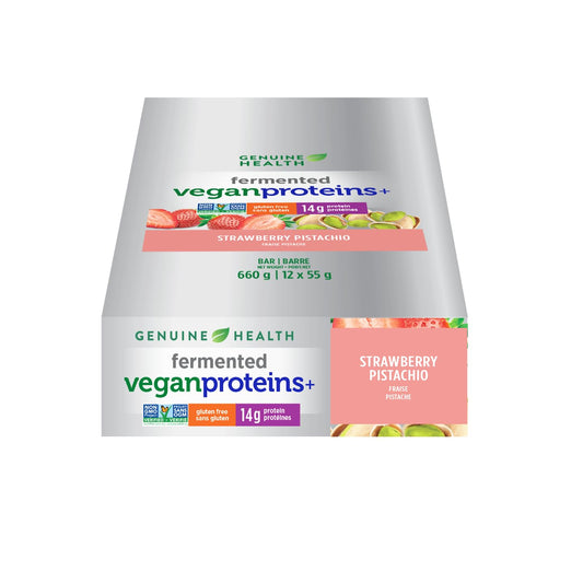 Genuine Health Fermented Vegan Proteins+ Bar, Strawberry Pistachio, 14g Protein, Gluten Free, 12 count