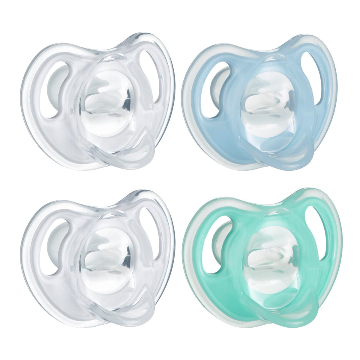 Tommee Tippee Ultra-Light Silicone Pacifier, 0-6 Months, Symmetrical One-Piece Design, BPA-Free Silicone Binkies, Clear/Blue/Green, Pack of 4