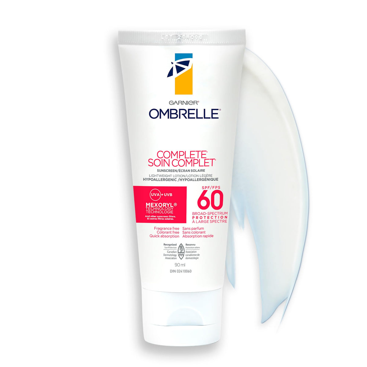Garnier Ombrelle Complete Sunscreen Lotion, SPF 60 For Body and Face, High Protection Ultra Broad Spectrum Advanced UVA/UVB Defense, Non-Greasy, Water Resistant, Hypoallergenic, Non-Comedogenic, Cruelty-Free, 90ml