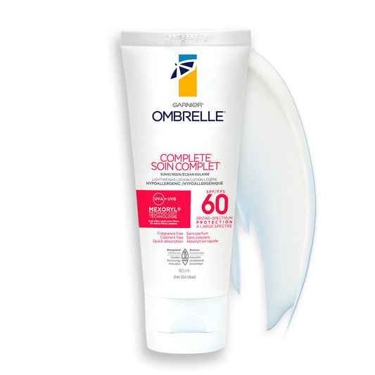 Garnier Ombrelle Complete Sunscreen Lotion, SPF 60 For Body and Face, High Protection Ultra Broad Spectrum Advanced UVA/UVB Defense, Non-Greasy, Water Resistant, Hypoallergenic, Non-Comedogenic, Cruelty-Free, 90ml