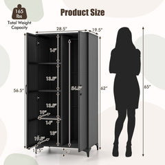 62 Inch Wicker Wardrobe with 2 Doors PE Rattan Closet with Hanging Rod-Black