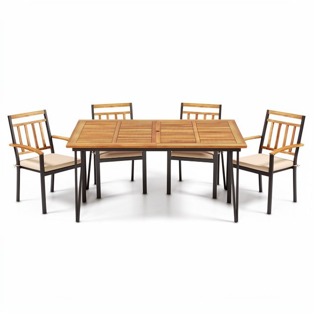 5 Piece Patio Dining Set, 63 by 37.5 Inch Acacia Topped Table with 2 Inch Umbrella Hole and 4 Cushioned Armchairs