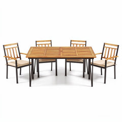 5 Piece Patio Dining Set, 63 by 37.5 Inch Acacia Topped Table with 2 Inch Umbrella Hole and 4 Cushioned Armchairs