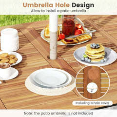 5 Piece Patio Dining Set, 63 by 37.5 Inch Acacia Topped Table with 2 Inch Umbrella Hole and 4 Cushioned Armchairs