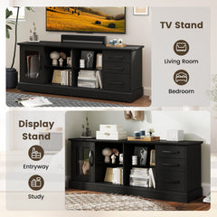 63 Inches Media Console Table with 3 Drawers and 2 Glass Shelves-Black