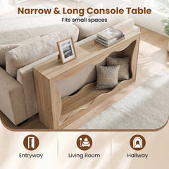 63 Inch Console Table 2-Tier Narrow Entryway Table with Wavy Edge Storage Shelf-Natural