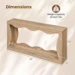 63 Inch Console Table 2-Tier Narrow Entryway Table with Wavy Edge Storage Shelf-Natural