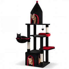 63 Inch Gothic Cat Tree with a Turret Top Cave, Two Door Condo and Basket