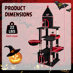 63 Inch Gothic Cat Tree with a Turret Top Cave, Two Door Condo and Basket