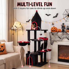 63 Inch Gothic Cat Tree with a Turret Top Cave, Two Door Condo and Basket
