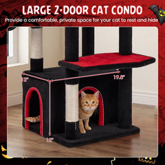 63 Inch Gothic Cat Tree with a Turret Top Cave, Two Door Condo and Basket