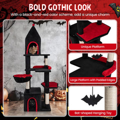 63 Inch Gothic Cat Tree with a Turret Top Cave, Two Door Condo and Basket