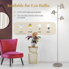 64 Inch 3-Light LED Floor Lamp Reading Light for Living Room Bedroom-Silver