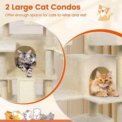65 Inch Cat Tree with Three Upholstered Perches, Two Condos and a Ladder