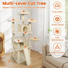 65 Inch Cat Tree with Three Upholstered Perches, Two Condos and a Ladder