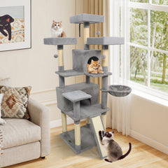 65 Inch Light Grey Cat Tree with Three Perches, Two Condos and a Sisal Ramp