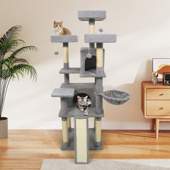 65 Inch Light Grey Cat Tree with Three Perches, Two Condos and a Sisal Ramp