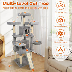 65 Inch Light Grey Cat Tree with Three Perches, Two Condos and a Sisal Ramp