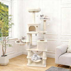66 Inch Cat Tree with Two Condos, Eleven Sisal Posts and a Turning Basket
