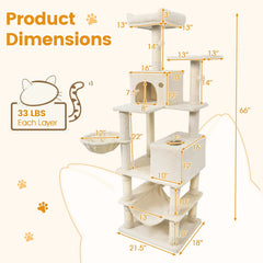 66 Inch Cat Tree with Two Condos, Eleven Sisal Posts and a Turning Basket