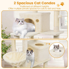 66 Inch Cat Tree with Two Condos, Eleven Sisal Posts and a Turning Basket